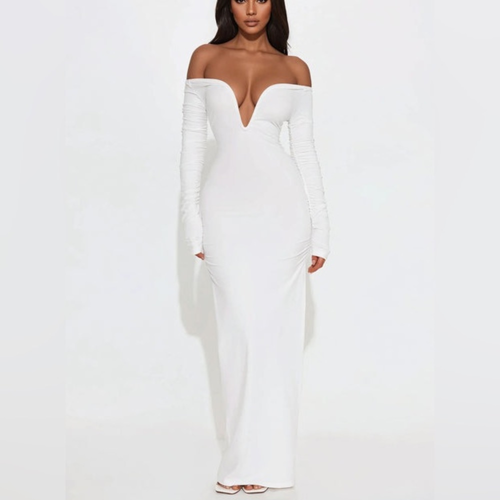 New Fashion Nova Candice Plunge Neckline Maxi Dress - White Size Large - Picture 2 of 5